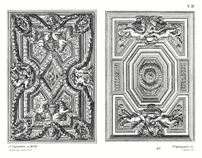 天花板，Pierre Lepautre，约1670年(2个图案)，路易十四时期，Old decoration 1875年。